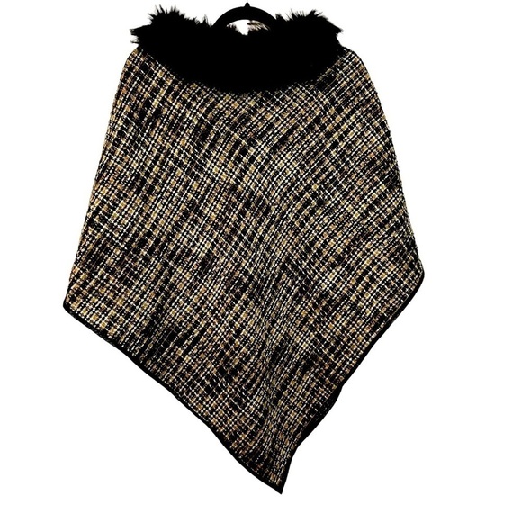 On Trend Odiva Faux Fur Tweed Poncho w/ Faux Fur Collar and Faux Leather Piping - Picture 1 of 10